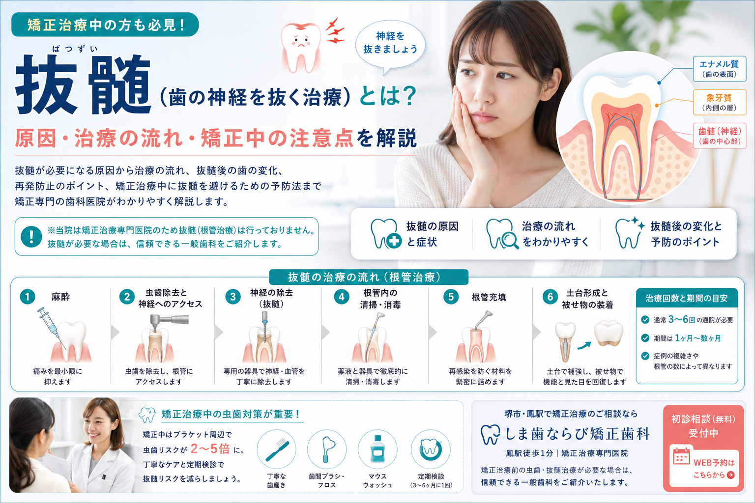 抜髄(歯の神経を抜く治療)と歯の構造の説明イメージ