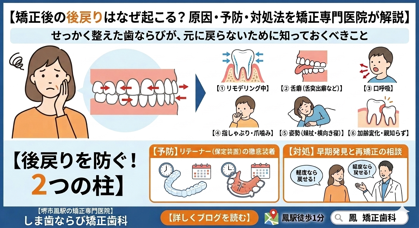 矯正後の後戻りと保定治療のイメージ