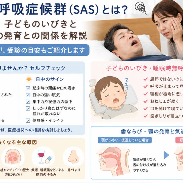 睡眠時無呼吸症候群（SAS）の症状セルフチェック・子どものいびきのサイン・歯ならびと気道の関係をまとめた図解｜堺市の矯正歯科