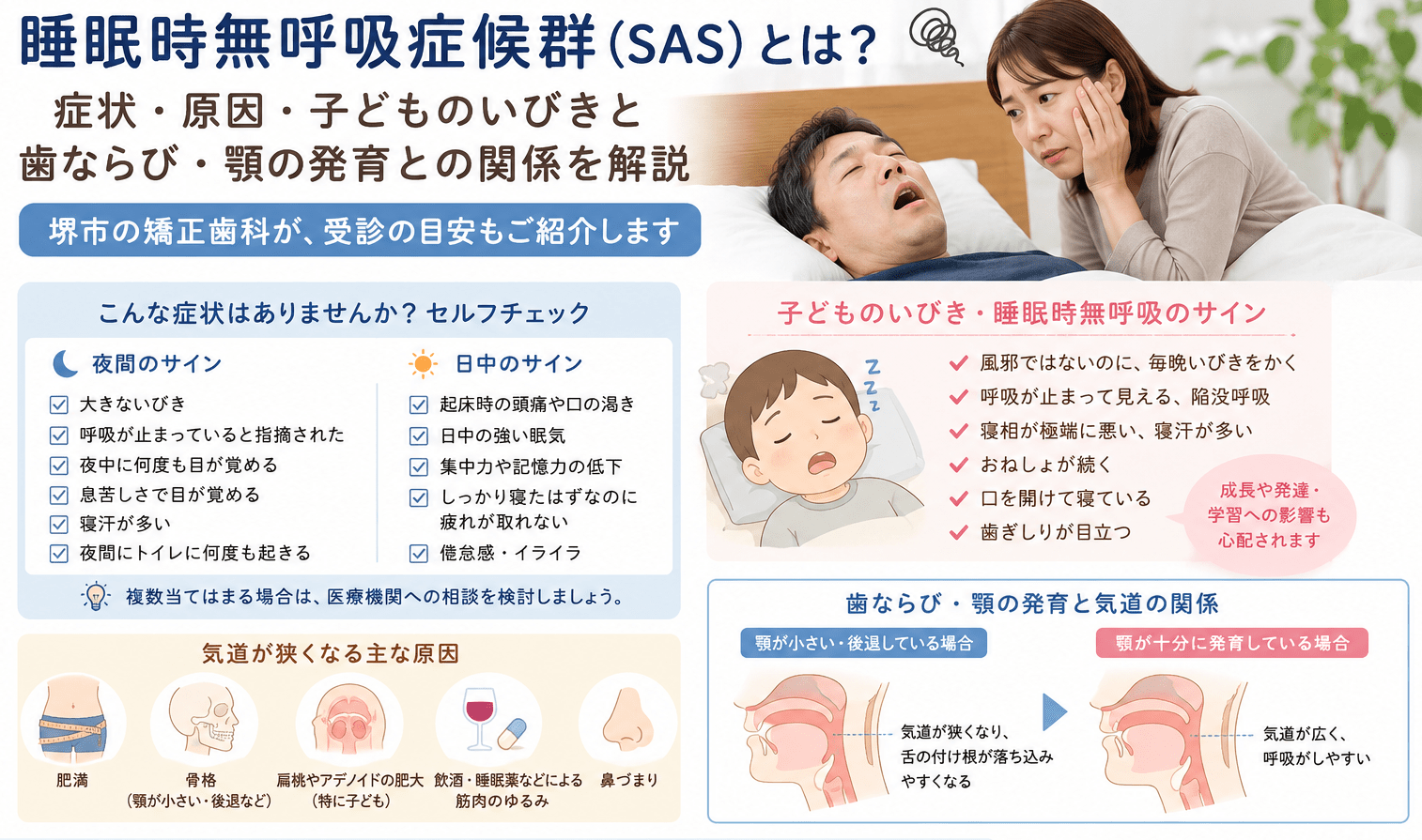 睡眠時無呼吸症候群(SAS)の症状セルフチェック・子どものいびきのサイン・歯ならびと気道の関係をまとめた図解|堺市の矯正歯科